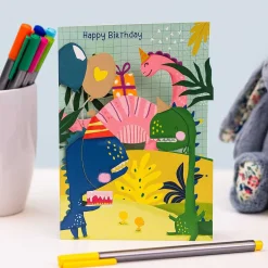 Dinosaurs Paper Cut Art Birthday Card><noscript><img width=