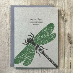 Block Print 'Take Every Chance' Dragonfly Greetings Card>East of India Clearance