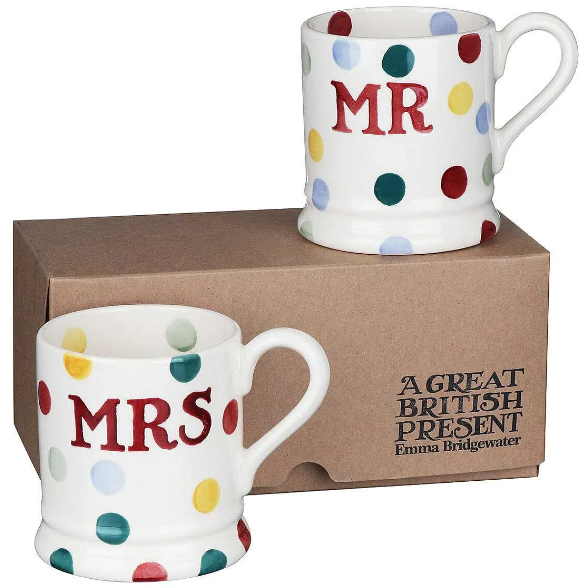 Polka Dot Mr & Mrs Set Of 2 Half Pint Boxed Mugs>Emma Bridgewater Clearance