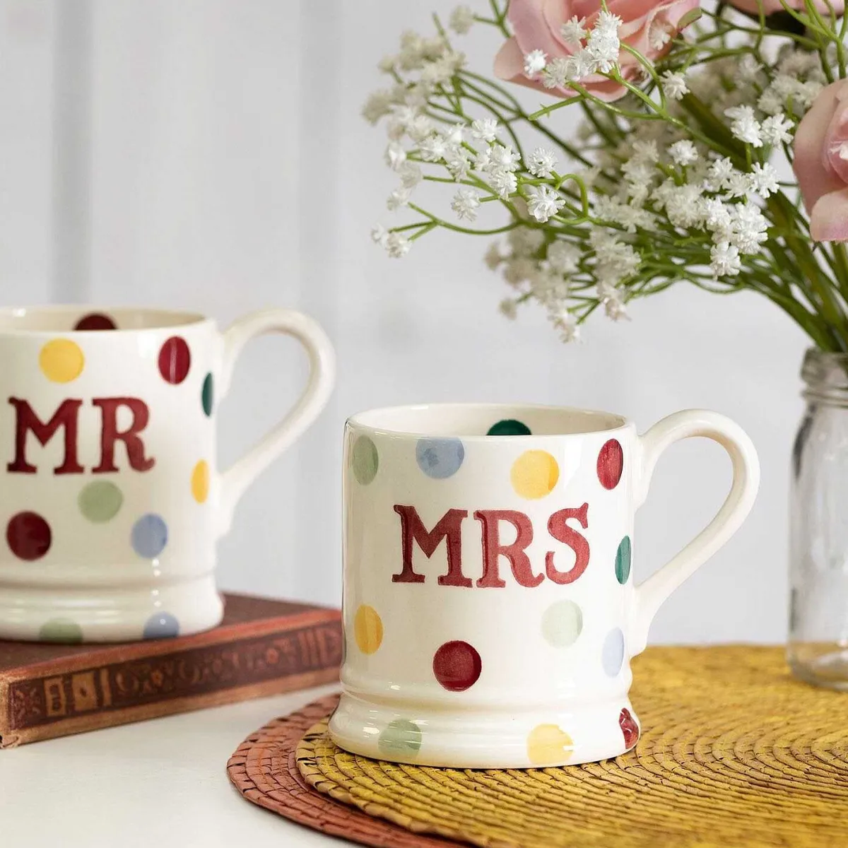 Polka Dot Mr & Mrs Set Of 2 Half Pint Boxed Mugs>Emma Bridgewater Clearance
