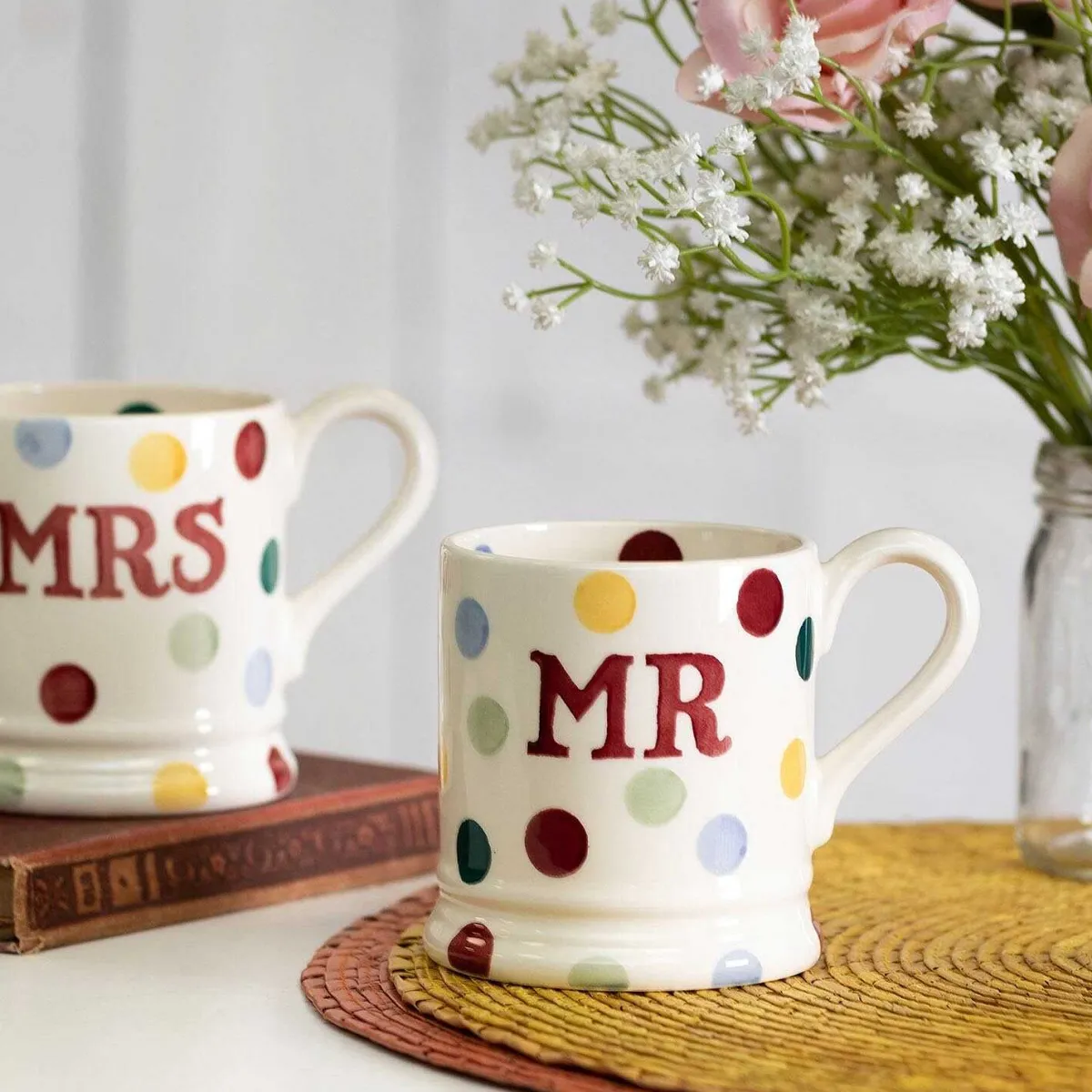 Polka Dot Mr & Mrs Set Of 2 Half Pint Boxed Mugs>Emma Bridgewater Clearance