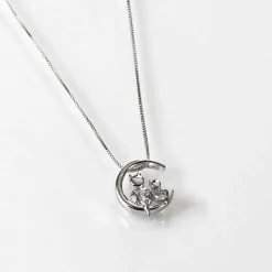 Cats On Moon White Gold Plated Necklace>Equilibrium Fashion