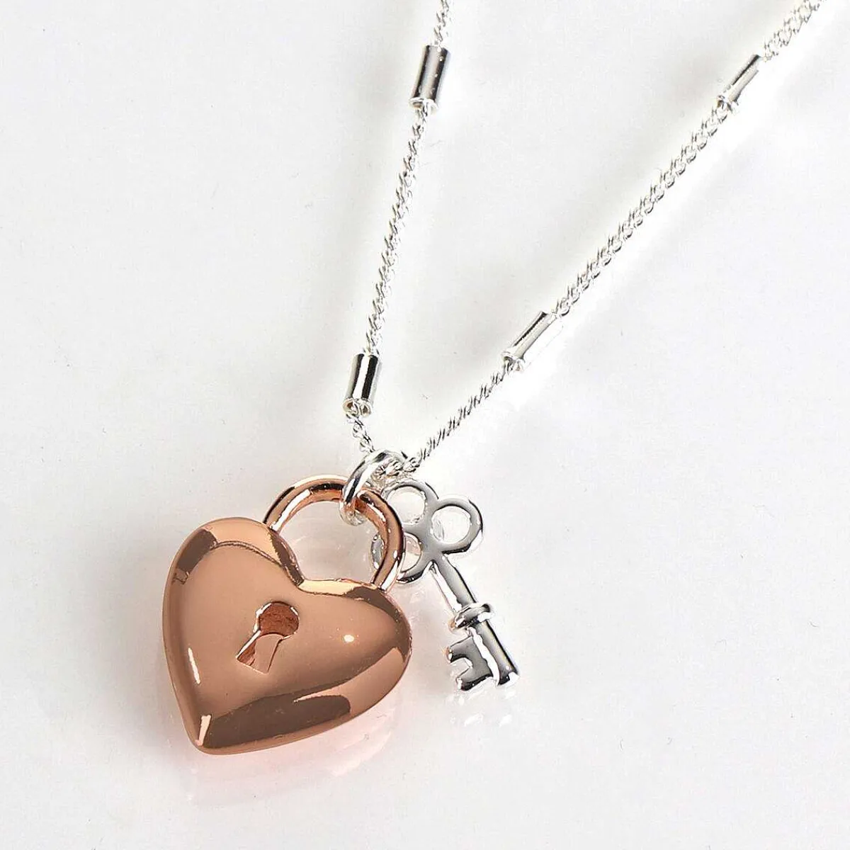 Love Locks Two Tone Heart Lock & Key Necklace>Equilibrium Outlet