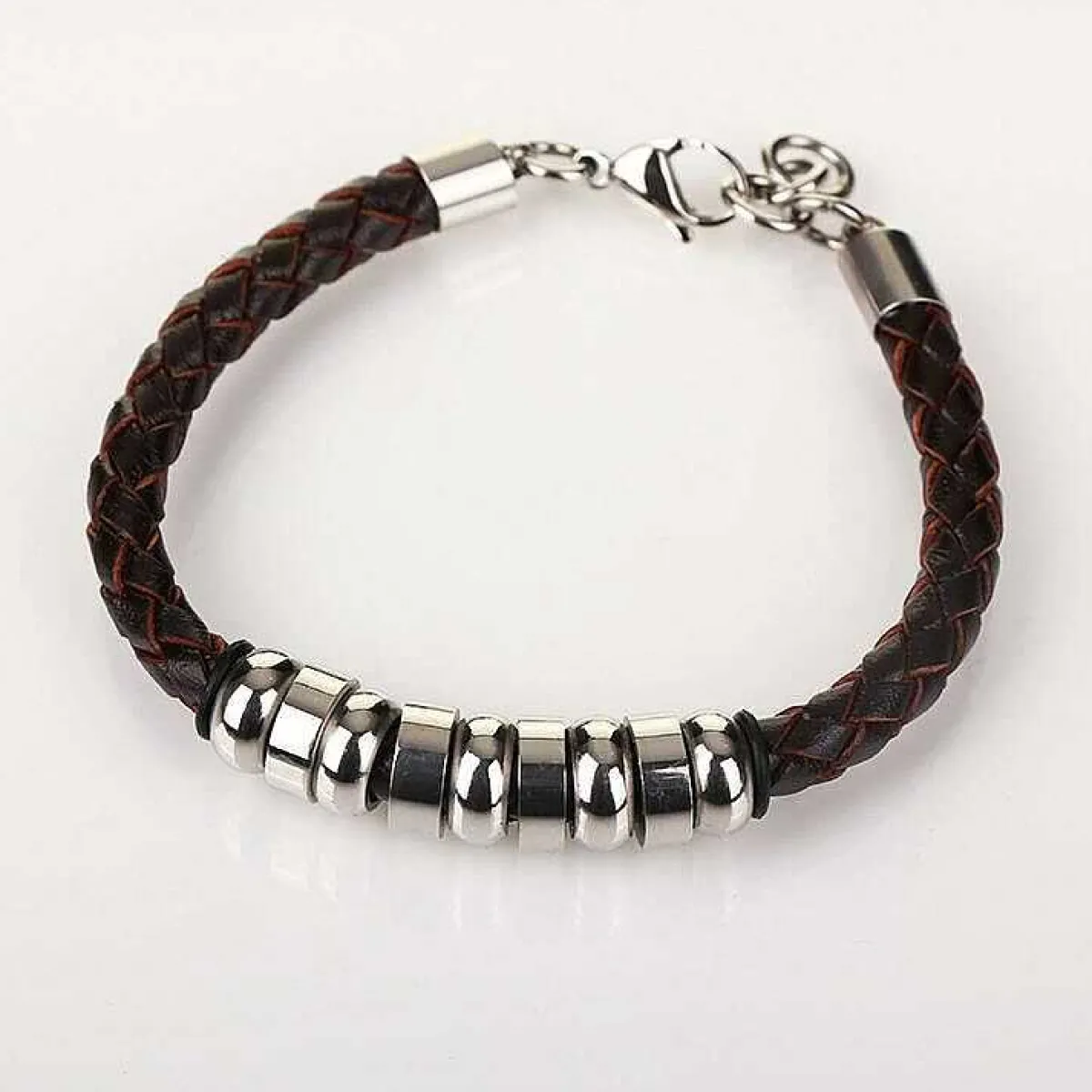 Men's 9 Ring Stainless Steel Brown Leather Bracelet>Equilibrium Fashion
