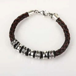 Men's Spaced Stainless Steel Brown Leather Bracelet>Equilibrium Store