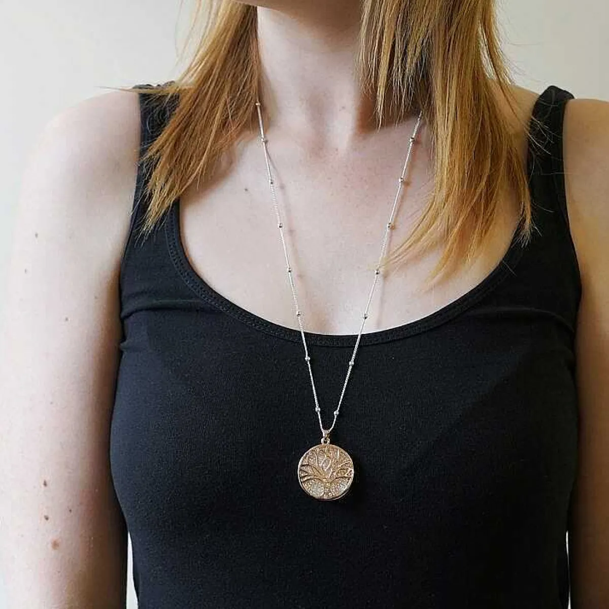Rose Gold Filigree Disk Long Necklace>Equilibrium Clearance