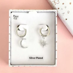 Silver Plated Celestial Moon Star Huggie Earrings>Equilibrium Fashion