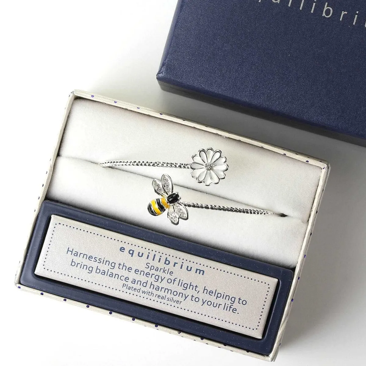 Silver Plated Hand Painted Bee Bangle With White Flower>Equilibrium Clearance