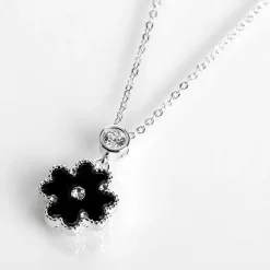 Silver Plated Mother Of Pearl Black Clover Necklace><noscript><img width=