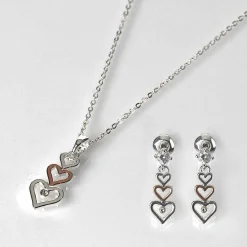 Two Tone Trio Of Hearts Necklace & Earrings Gift Set><noscript><img width=
