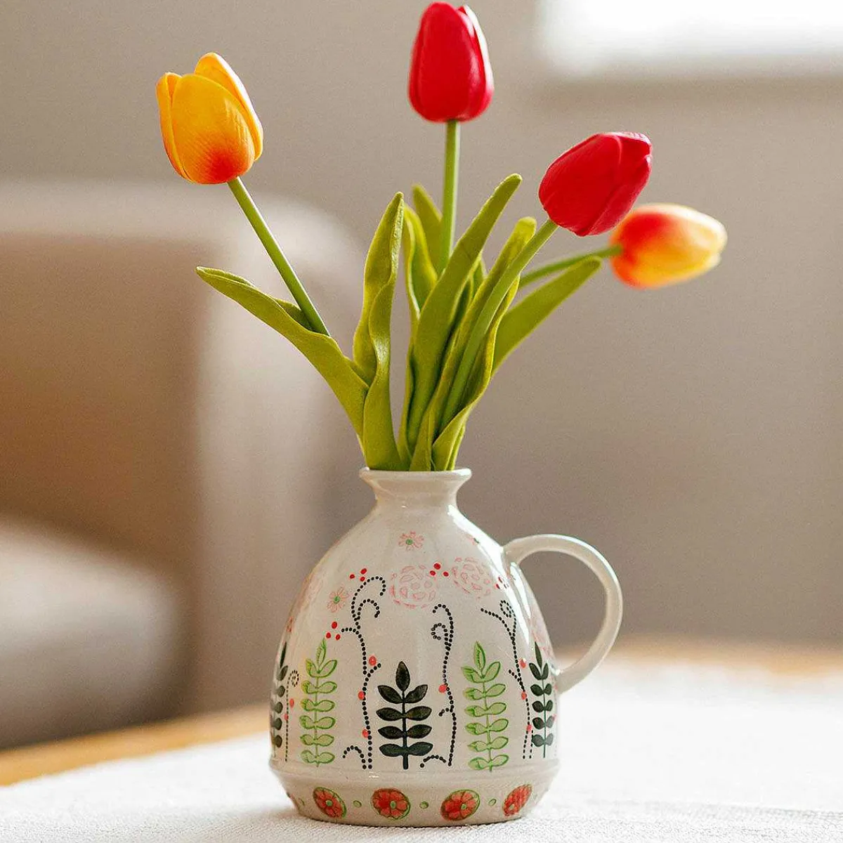 Cream Floral Debossed Urn Vase With Handle>Langs Shop