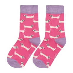 Bright Pink Sausage Dogs Girls Bamboo Socks>Miss Sparrow Store