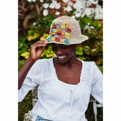 Applique Flowers Hemp/Cotton Hat><noscript><img width=