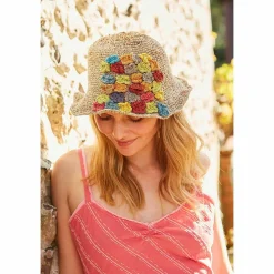 Applique Flowers Hemp/Cotton Hat><noscript><img width=