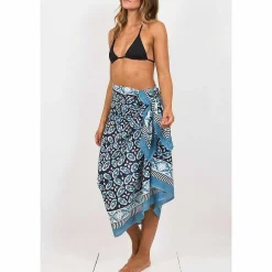 Flower Blue Hand Printed Cotton Sarong>Pachamama Best
