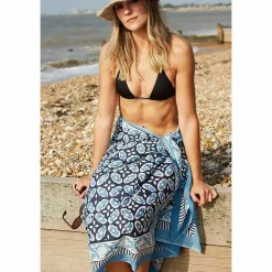 Flower Blue Hand Printed Cotton Sarong><noscript><img width=