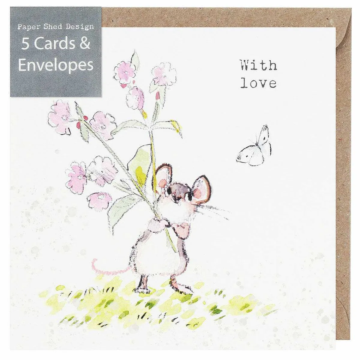 Mouse With Flowers 'With Love' Pack Of 5 Notecards>Paper Shed Designs Online