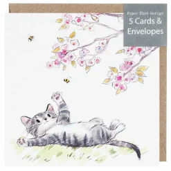 Tabby Cat With Cherry Blossom Pack Of 5 Notecards><noscript><img width=