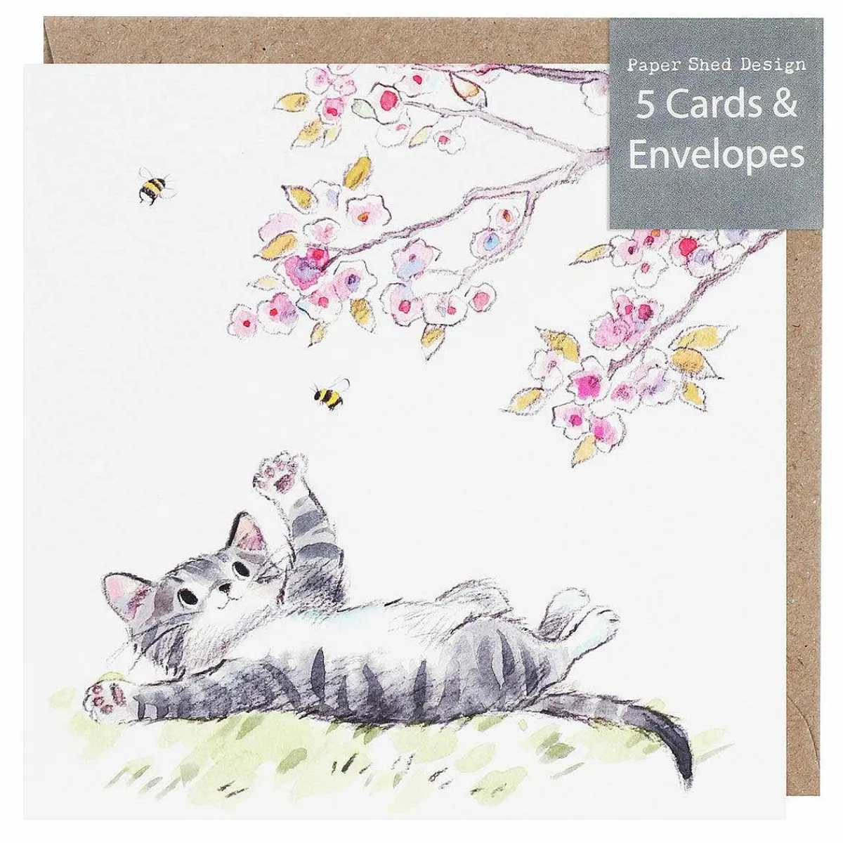 Tabby Cat With Cherry Blossom Pack Of 5 Notecards>Paper Shed Designs Outlet