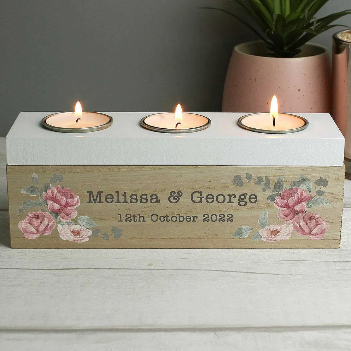Personalised Floral Watercolour Triple Tealight Holder>Temptation Gifts Best