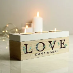 Personalised 'Love' Botanical Triple Tealight Box>Temptation Gifts Sale