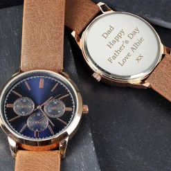Personalised Men's Rose Gold Tone Watch With Brown Strap>Temptation Gifts Hot