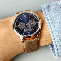 Personalised Men's Rose Gold Tone Watch With Brown Strap><noscript><img width=