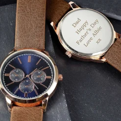 Personalised Men's Rose Gold Tone Watch With Brown Strap><noscript><img width=