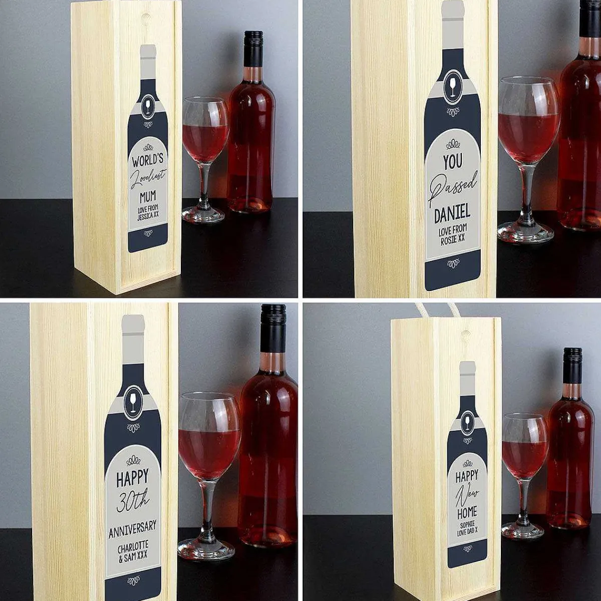 Personalised Text Grey Wooden Wine Bottle Box>Temptation Gifts Store