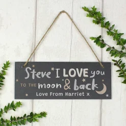 Personalised 'To The Moon And Back Hanging Slate Plaque'><noscript><img width=