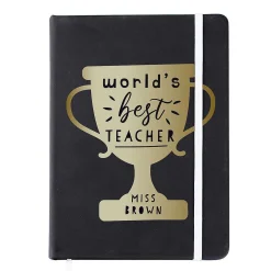 Personalised 'World's Best Teacher' Trophy Black Hardback A5 Notebook>Temptation Gifts Clearance