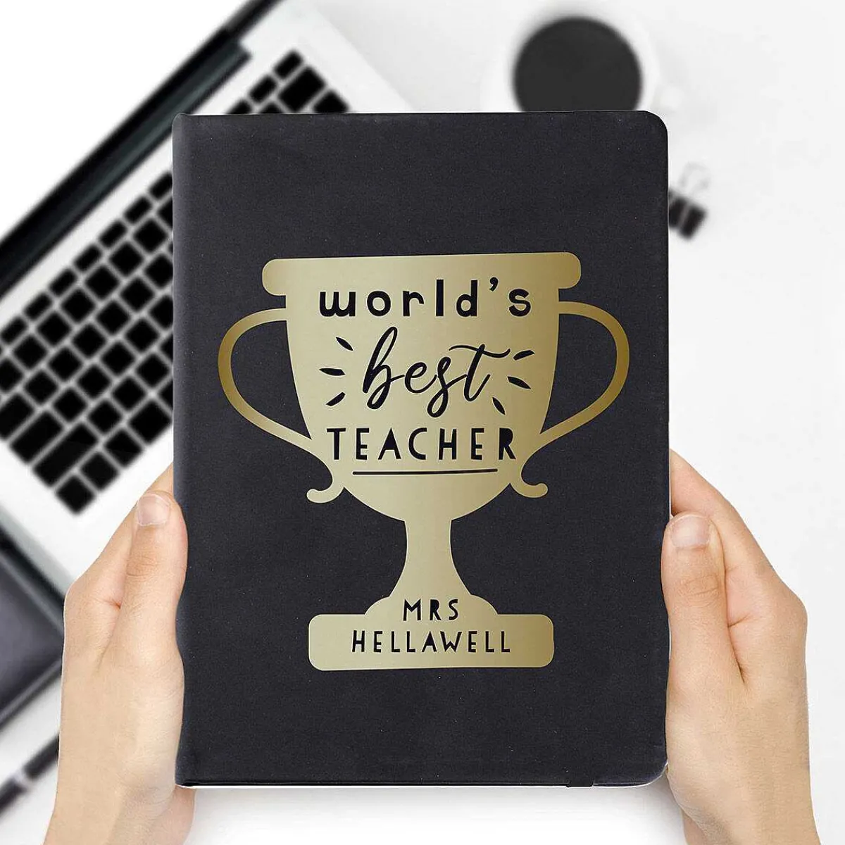 Personalised 'World's Best Teacher' Trophy Black Hardback A5 Notebook>Temptation Gifts Clearance