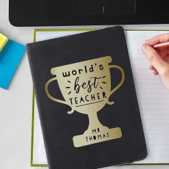 Personalised 'World's Best Teacher' Trophy Black Hardback A5 Notebook><noscript><img width=