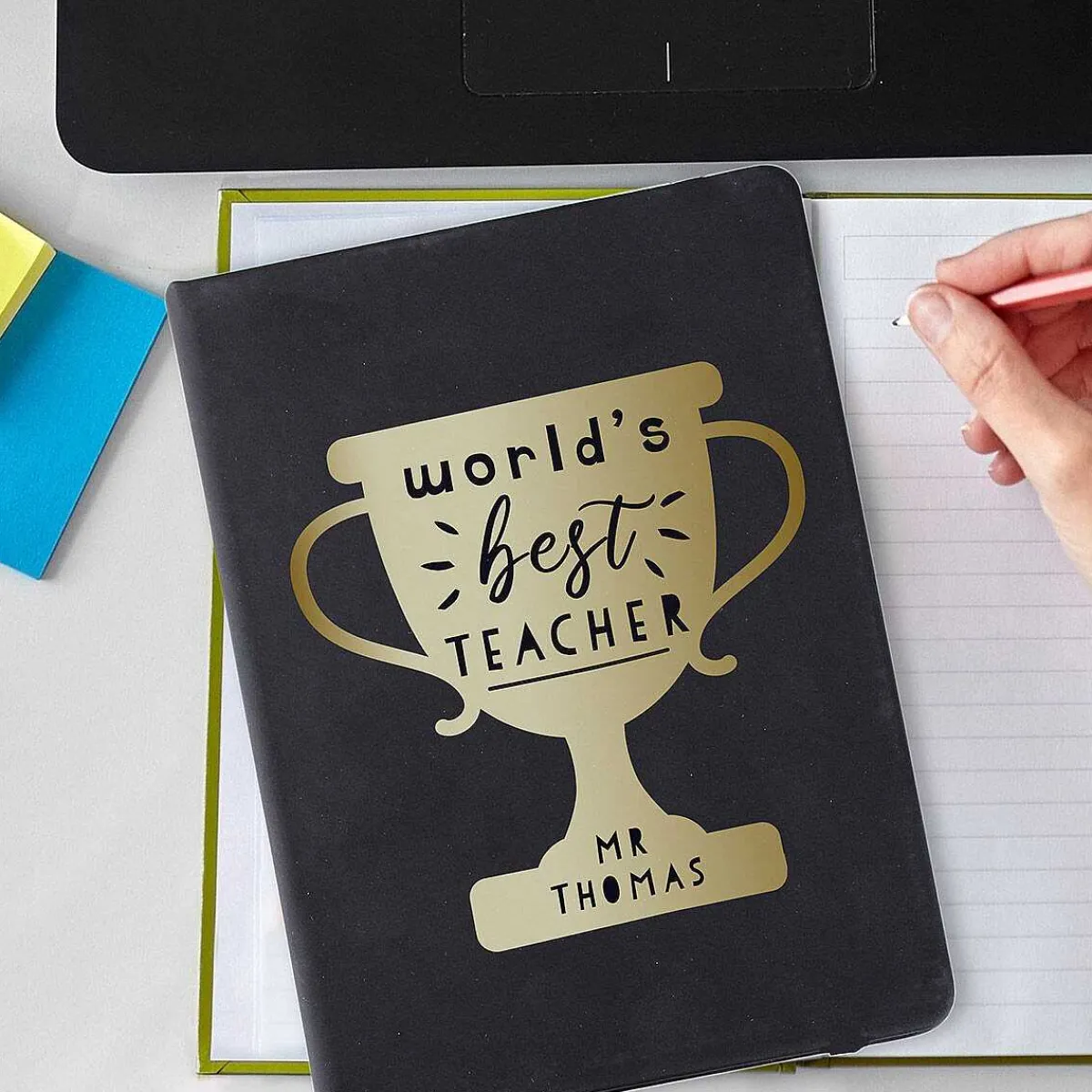 Personalised 'World's Best Teacher' Trophy Black Hardback A5 Notebook>Temptation Gifts Clearance