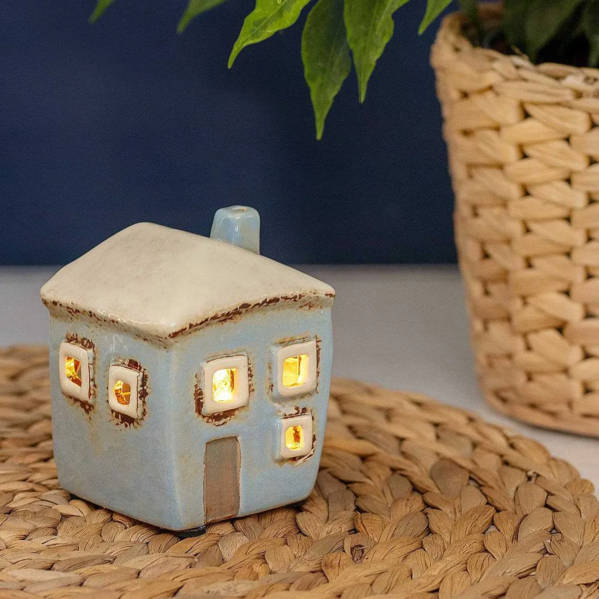 Mini Pale Blue Square House Tealight Holder>Village Pottery Outlet