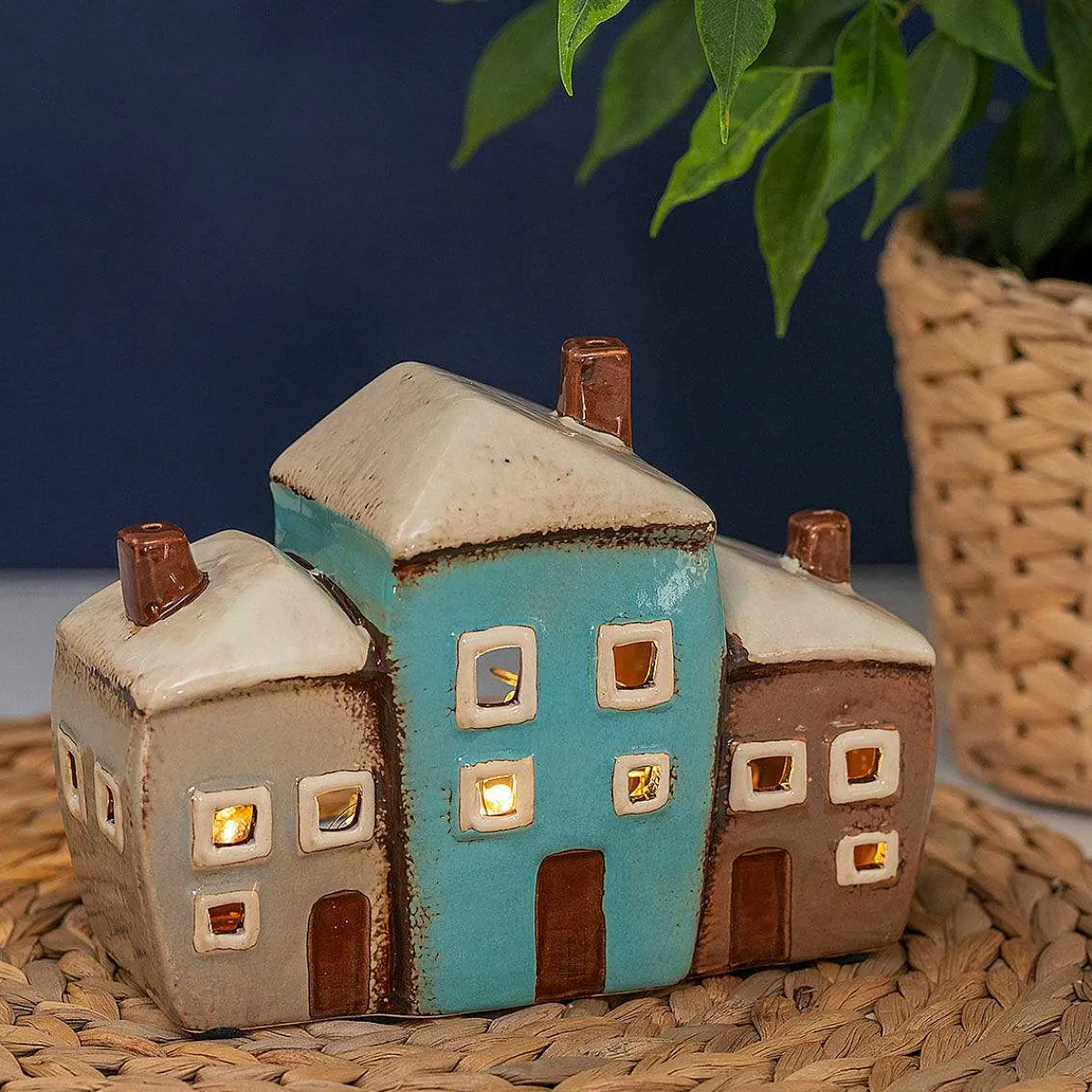 Multi Three House Tealight Holder>Village Pottery Cheap
