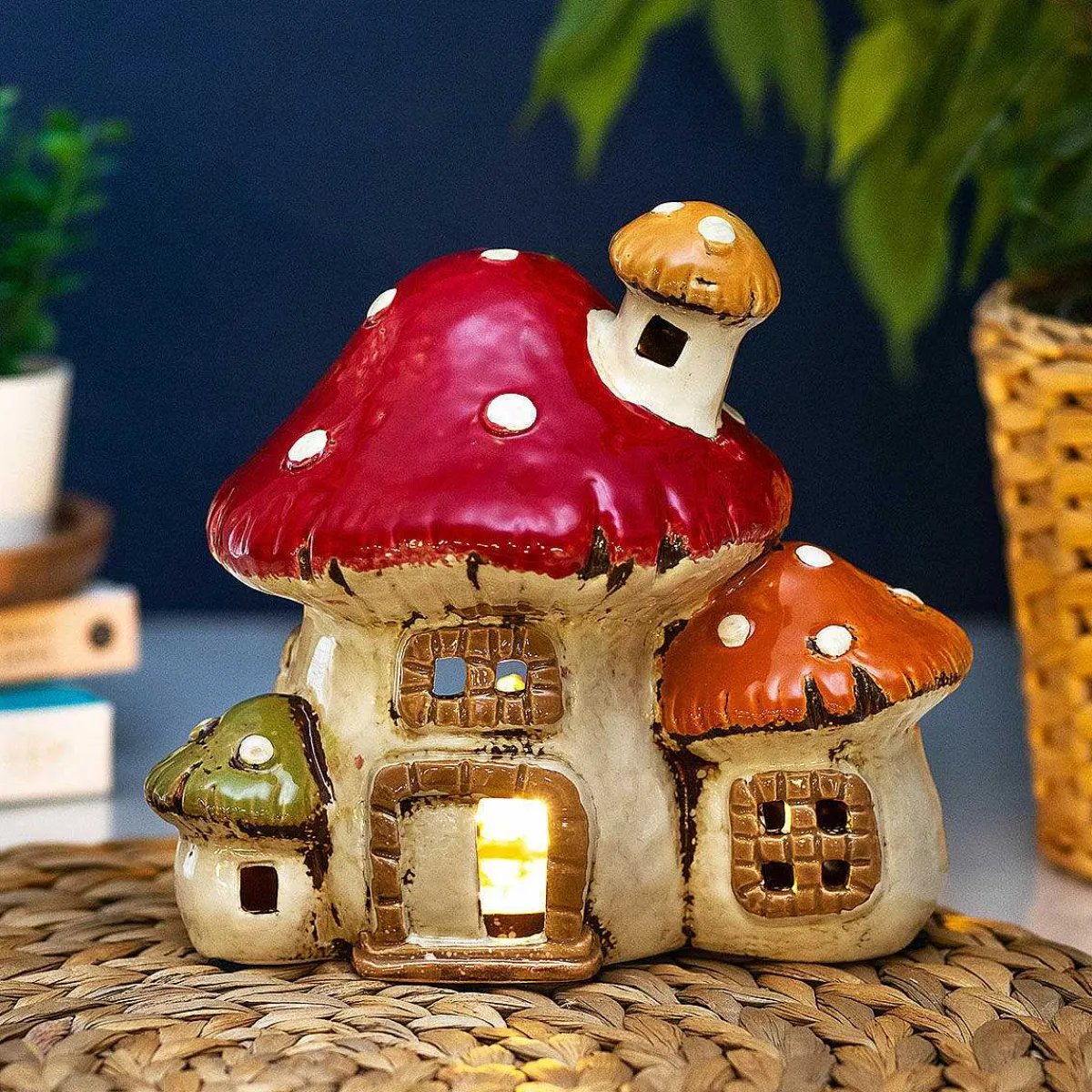 Three Mushroom House Tealight Holder>Village Pottery Clearance